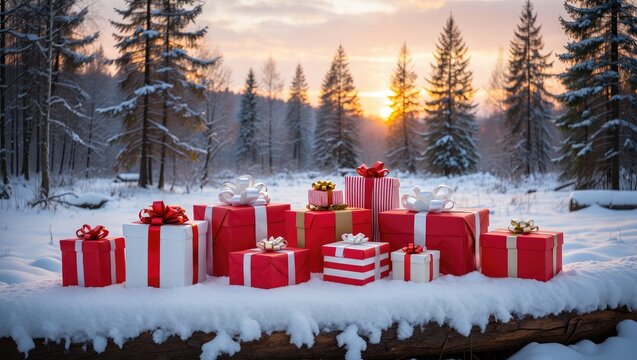 Red and white Christmas gifts in snowy forest at sunset - Powered by Adobe
