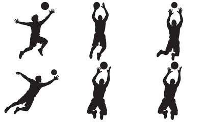 Dynamic volleyball player silhouettes in action poses for sports graphics and design