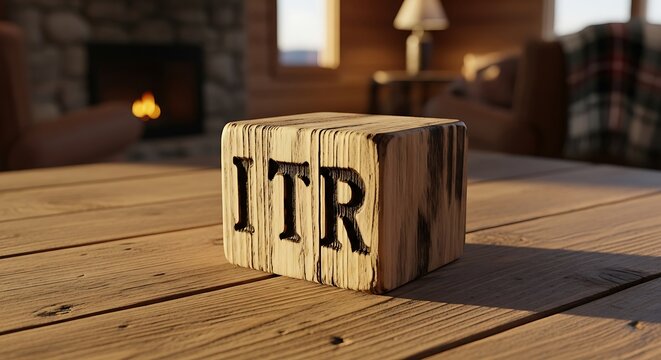 Wooden block showing letters ITR on wood table indoors
