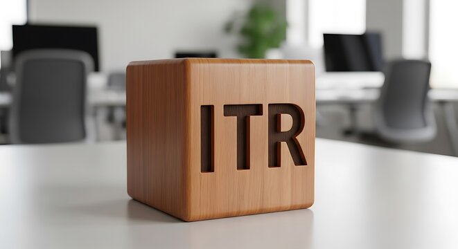 Wooden block with ITR inscription and blurred office backdrop