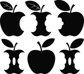 Collection of apple silhouettes including whole apples, bitten fruit shapes, and apple cores ideal for food graphics, healthy themes, nature designs, and creative projects.