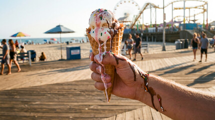 Hand Holding Melting Ice Cream Cone on Sunny Beach Boardwalk