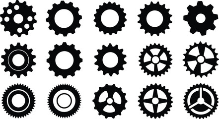 Collection of black gear and cogwheel silhouettes in various mechanical styles, creating a detailed vector set for engineering, machinery design, industrial graphics, technology concepts