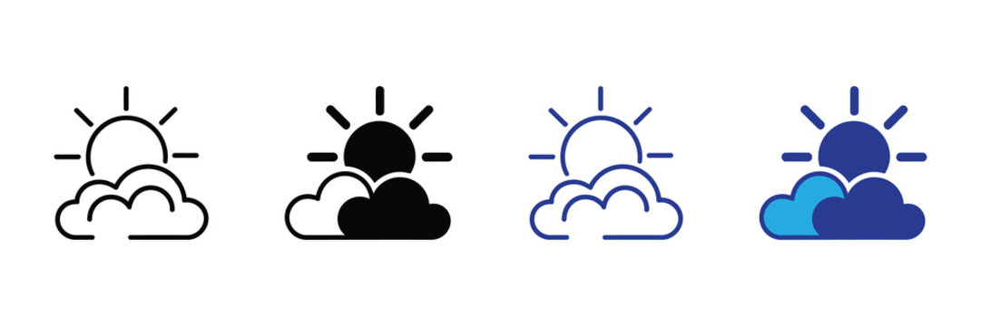 Weather icon representing partly cloudy conditions with sun peeking through clouds, presented in multiple styles for versatility and design applications.