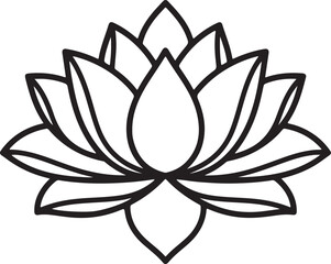 A simple elegant black and white line drawing of a lotus flower with multiple layers of petals isolated on transparent background