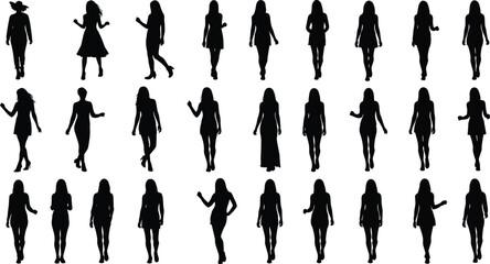 Collection of black silhouettes of women walking forward in fashionable dresses and poses isolated on white background for vector design and people illustration sets.