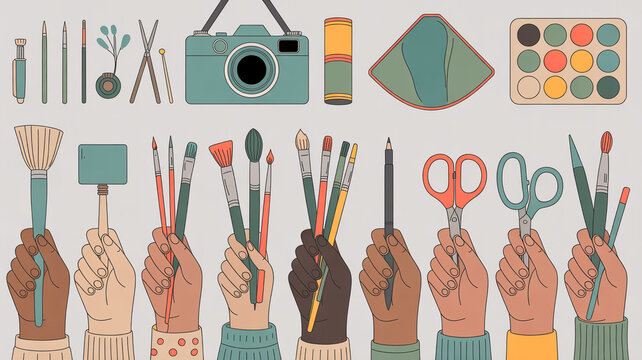 Diverse hands proudly hold creative tools like brushes, scissors, pencils, and a camera, symbolizing artistic expression and collaborative design projects.