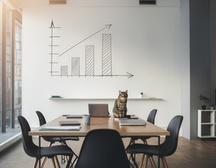 Cat alone in modern meeting room with financial charts on whiteboard