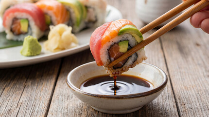 Hand Dipping Fresh Sushi Roll into Soy Sauce Bowl with Chopsticks
