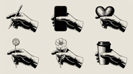 Gracefully held hands offer pencil coin phone heart flower coffee cup symbolizing creativity finance connection nature and daily life with vintage style