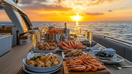 Sunset dinner cruise: luxurious dining experience with seafood feast on yacht at sea