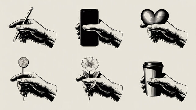 Gracefully held hands offer pencil coin phone heart flower coffee cup symbolizing creativity finance connection nature and daily life with vintage style