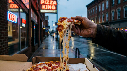 POV Hand Holding Cheesy Pepperoni Pizza Slice on Rainy City Street with Neon Signs