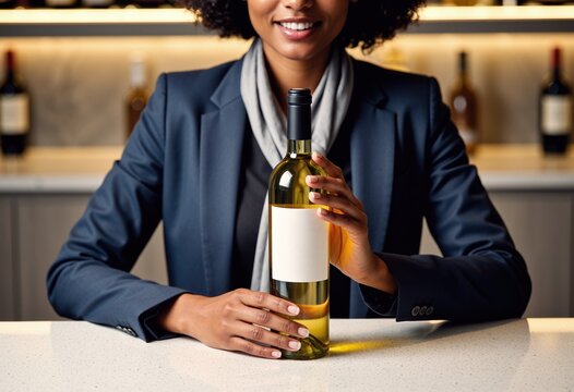Sommelier in navy blazer and charcoal shirt pours white wine at a stylish bar.
