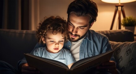 Caring father and his little toddler son share a magical moment reading a bedtime story from an illuminated book while sitting together on a couch in a cozy home
