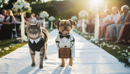 Side view of cat and dog ring bearers with bag on wedding aisle
