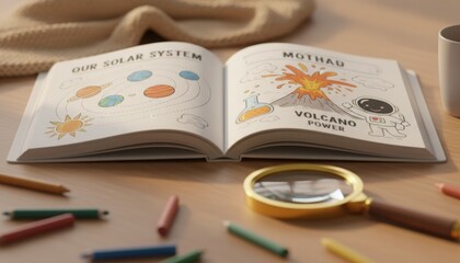Illustrated science book about solar system volcano and space adventure on desk with crayons for classroom project and world space week learning