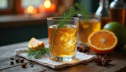 Elegant spiced amber cocktail with ice, fresh rosemary garnish sits on rustic wood table. Fresh orange slices, lime, star anise, cardamom pods decorate setting. Warm candlelight glows, creating cozy