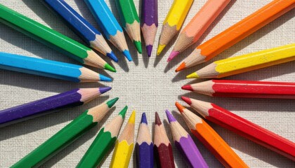 Fototapeta premium Colorful pencils forming circle on canvas ready for blank project symbol of new ideas collaboration and inclusive education on spring morning