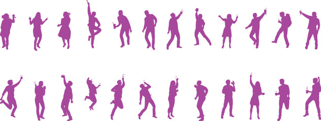 Dancing party silhouettes of people celebrating with energetic poses, festive movement, joyful dance actions, abstract human figures, modern vector illustration for event and celebration themes.