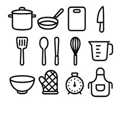 Kitchen Utensil Icons. Kitchen essentials linear icon set. pot, pan, cutting board, knife, spatula, spoon, whisk, measuring cup, bowl, oven mitt, timer, apron