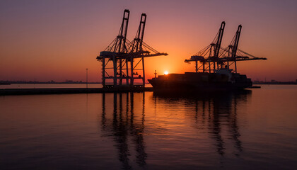 Obraz premium Stunning sunset view of port cranes and a ship silhouetted against tranquil waters, perfect for maritime-themed projects.