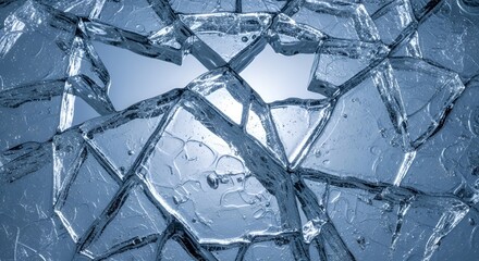 Close-up macro shot of large pieces of broken transparent ice or shattered glass against a bright blue background. The fragments create a cool abstract pattern suitable for texture or overlay.
