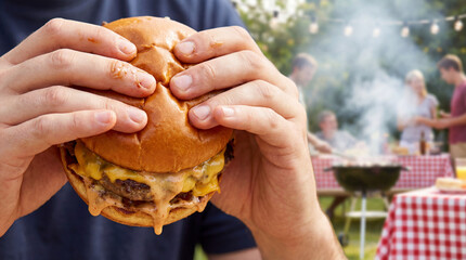 Close-up of Hands Holding Juicy Double Cheeseburger at Backyard BBQ Party