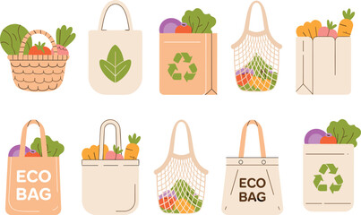 Eco bag illustration set featuring reusable shopping bags, vegetables, groceries, sustainability icons, zero-waste lifestyle elements