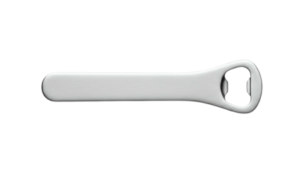A sleek, metallic bottle opener, isolated against a stark black background