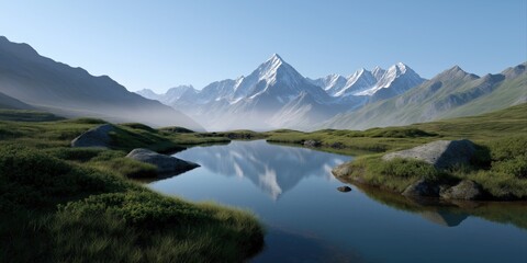 Majestic snow-capped mountains reflecting in serene lake amidst lush green valley
