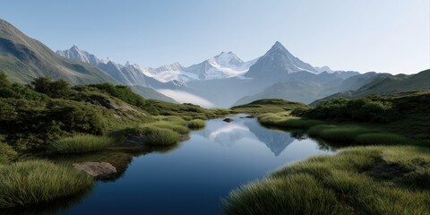Serene mountain landscape with reflective lake and snow-capped peaks