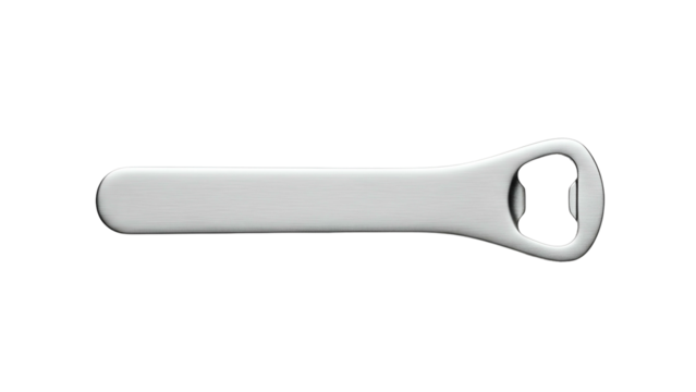 A sleek, metallic bottle opener, isolated against a stark black background