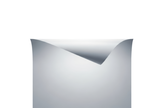 Minimalist graphic design featuring a soft gray sheet of paper with a curled corner creating a subtle shadow effect, isolated on transparent background - Powered by Adobe