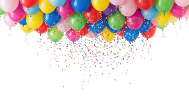Bright festive balloons with scattered confetti for celebration isolated on transparent background - Powered by Adobe