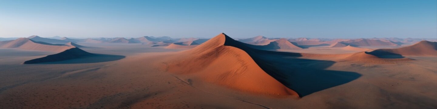 Majestic red sand dunes in vast desert landscape under clear blue sky