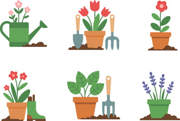 Gardening illustration set featuring potted flowers, plants, tools, watering can, boots, and soil elements in cute flat style for garden and spring themes
