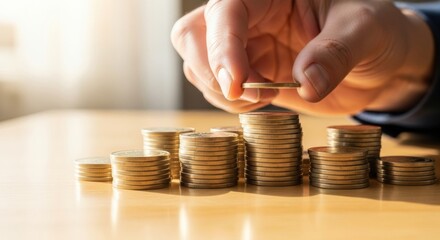 A person's hand carefully stacking shiny golden coins into growing columns on a wooden table, symbolizing savings, investment, and financial growth in warm sunlight