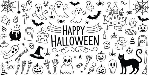 Halloween doodle illustration set featuring ghosts, bats, pumpkins, haunted castle, witch elements, spooky icons, hand-drawn decorations, and festive symbols for seasonal celebration designs.