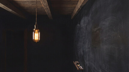 Vintage Hanging Light Bulb in Rustic Room with Blank Chalkboard
