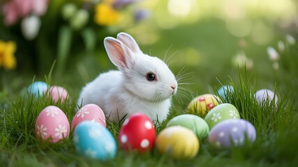 Adorable White Easter Bunny Sitting in Green Grass Surrounded by Colorful Decorated Eggs