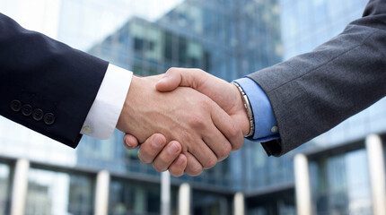 Two Businessmen Shaking Hands Outdoors in Front of Modern Office Building