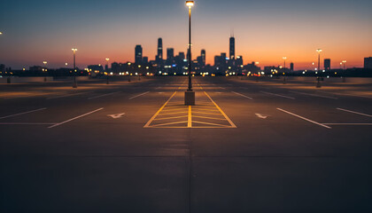 A tranquil parking lot at dusk with a colorful city skyline illuminated by streetlights, perfect for urban-themed projects or backgrounds.