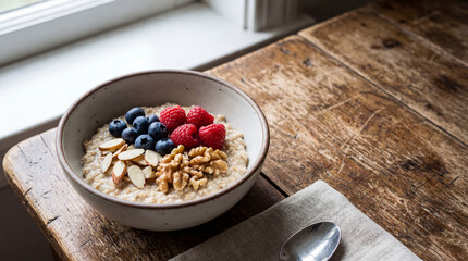 Healthy Oatmeal Porridge Bowl with Berries and Nuts on Rustic Wooden Table