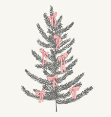 Sketch of Christmas tree with pink bows. Hand-drawn art. Vector illustration.
