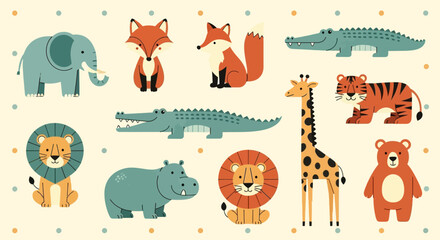Naklejka premium Adorable Cartoon Animals Collection Featuring Elephant, Fox, Crocodile, Lion, Tiger, Giraffe, and Bear