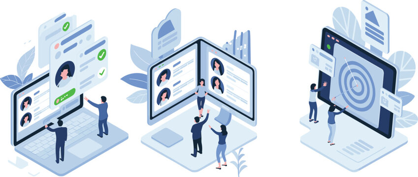 Isometric business technology illustration set featuring digital profiles, online recruitment, teamwork collaboration, data management, and goal targeting on laptops and large interactive screens