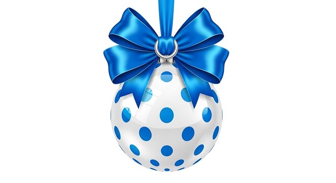 A glossy white christmas ornament with blue polka dots, adorned with a vibrant blue satin bow and ribbon, a festive decoration for holiday celebrations, isolated on white background