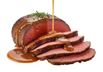 Juicy sliced roast beef with gravy being poured over it, isolated on transparent background