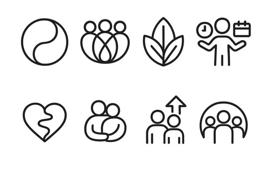 Family Wellness Icons. Family wellness planning symbols linear icon set: harmony circle, unity loop, wellness leaf, balanced routine icon, heart pathway, supportive ring, guidance